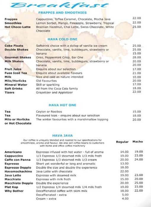 Menu bij Hava Java restaurant, Zuid-Afrika