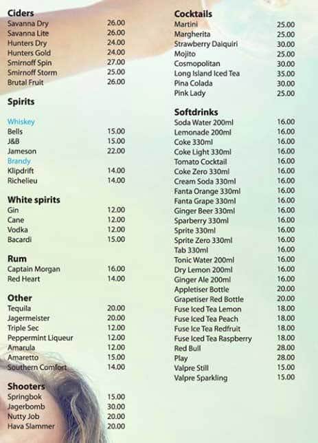Menu bij Hava Java restaurant, Zuid-Afrika