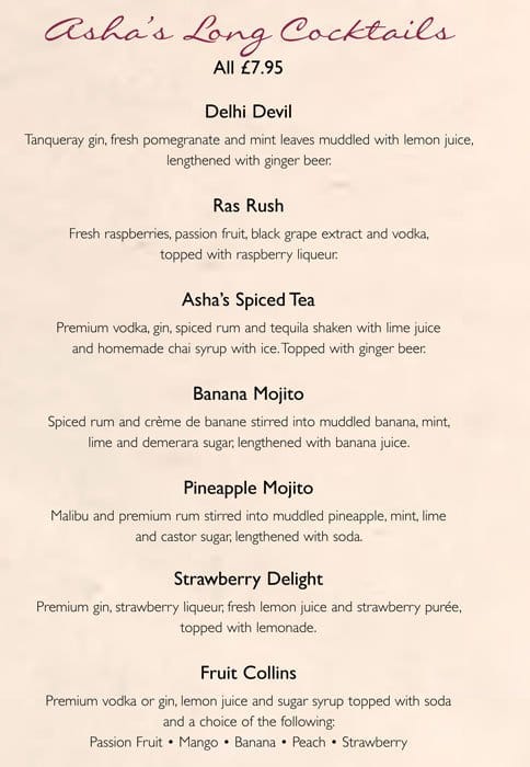 Menu at Asha's restaurant, Birmingham