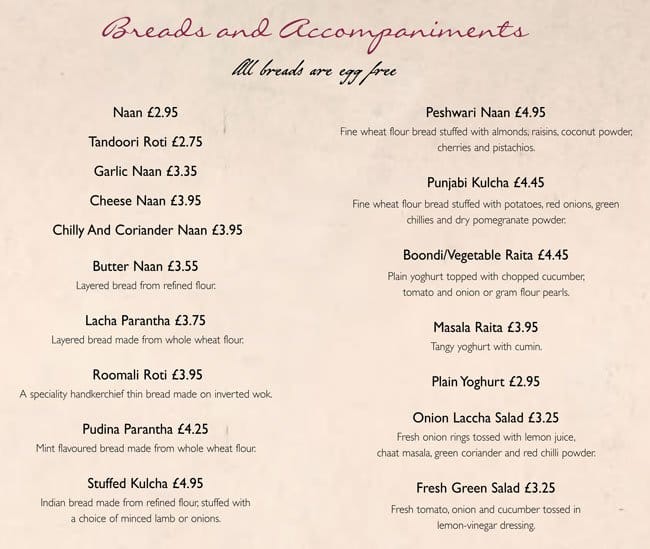 Menu at Asha's restaurant, Birmingham