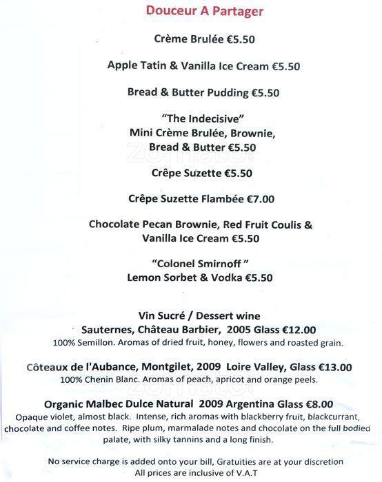 Menu at La Ruelle Wine Bar, Dublin