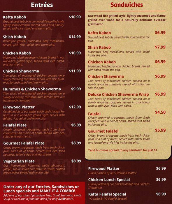 Firewood Kabob Menu, Menu for Firewood Kabob, Buffalo Grove, Chicago
