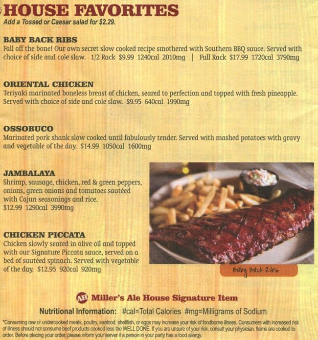 miller's ale house menu with prices