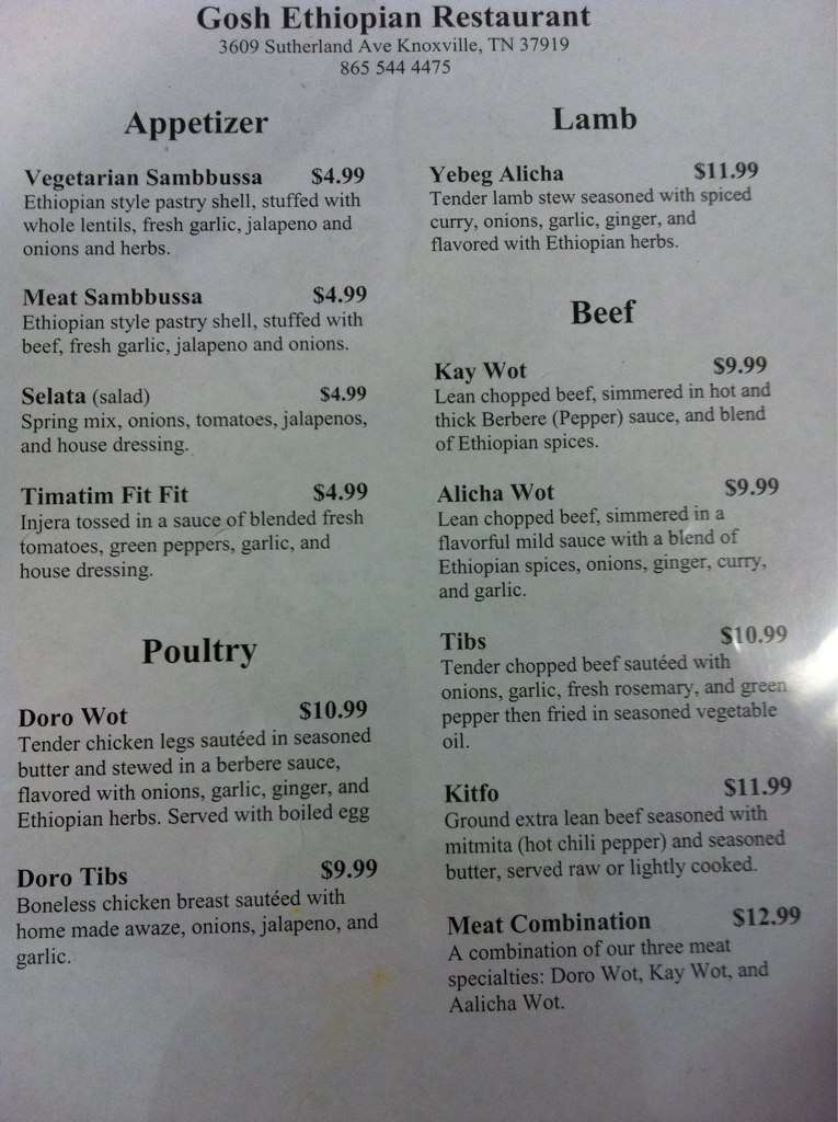 Gosh Ethiopian Restaurant Menu Urbanspoon/Zomato
