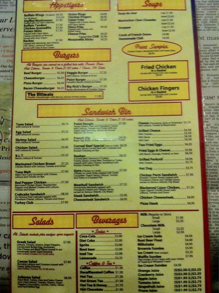 Point Diner Menu, Menu podniku Point Diner, Somers Point, Somers Point