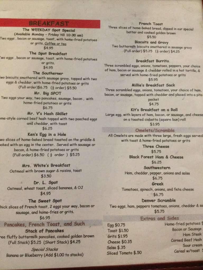 Menu at The Spot cafe, St. Augustine, US 1 N