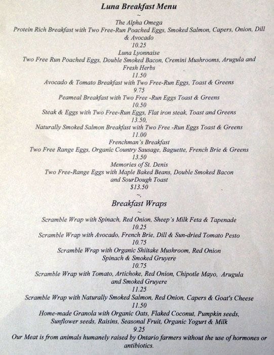 Luna Cafe Menu, Menu for Luna Cafe, Beaconsfield Village, Toronto