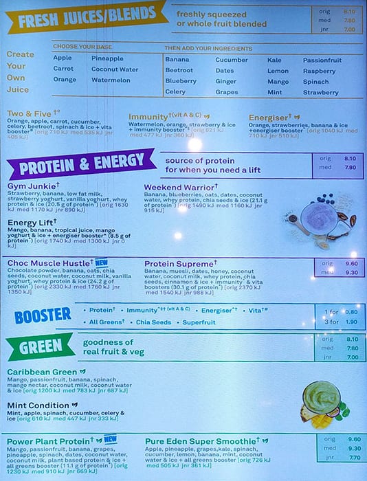 Menu at Boost Juice pub & bar, Melbourne, 467 Elizabeth St