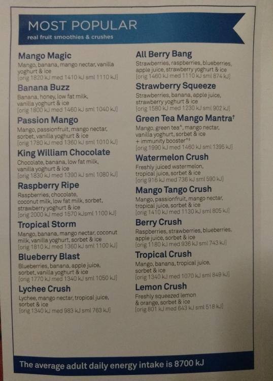 Boost Juice menu, Menu restauracji Boost Juice, Swanston Street, CBD