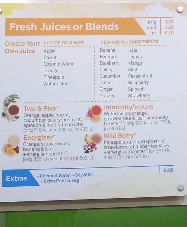 Menu at Boost Juice pub & bar, Melbourne, 467 Elizabeth St