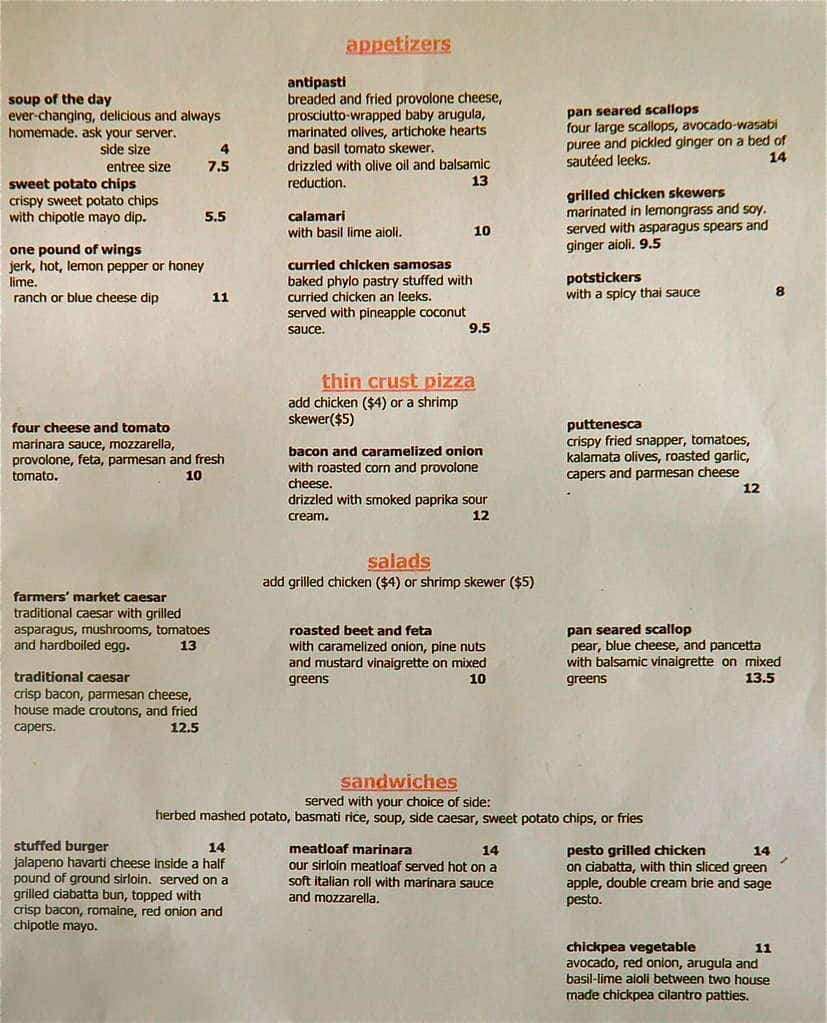 The Altadore menu