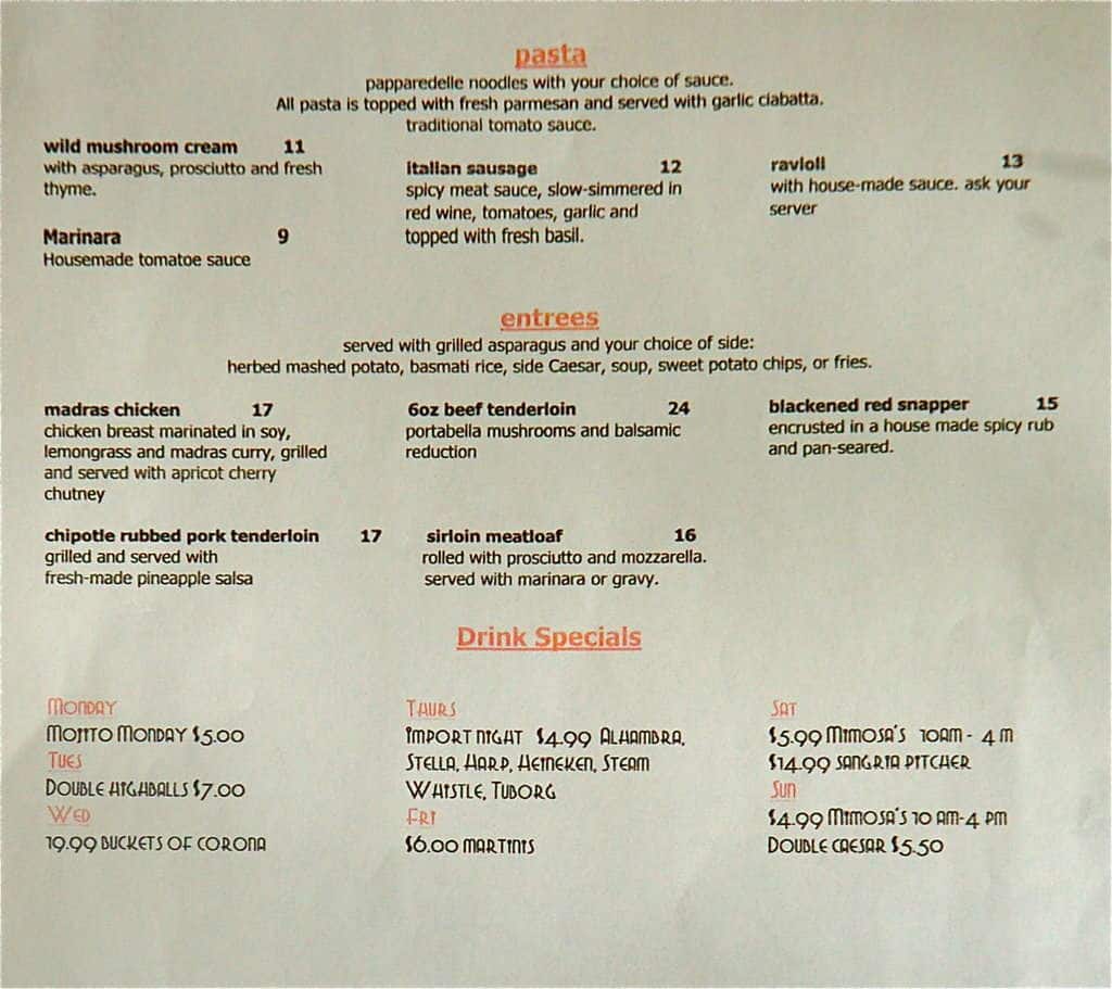 The Altadore menu