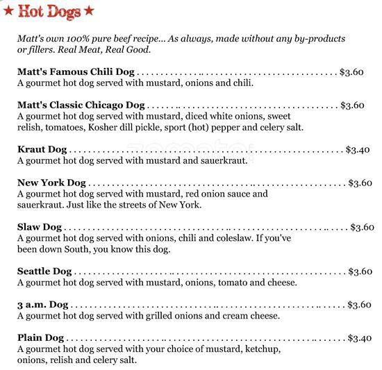 Menu at Matt's Famous Chili Dogs restaurant, Seattle, E Marginal Way S