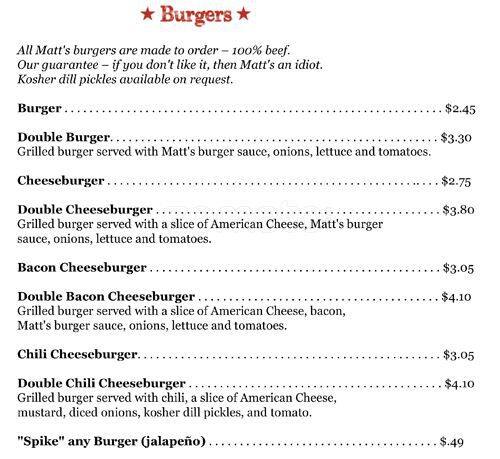 Menu at Matt's Famous Chili Dogs restaurant, Seattle, E Marginal Way S