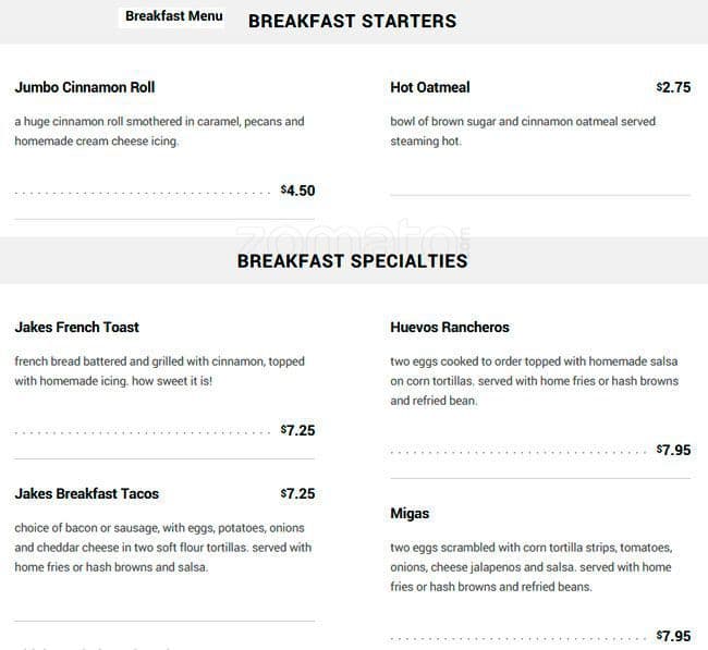 Jake's Menu, Menu for Jake's, Frisco, Frisco Urbanspoon/Zomato