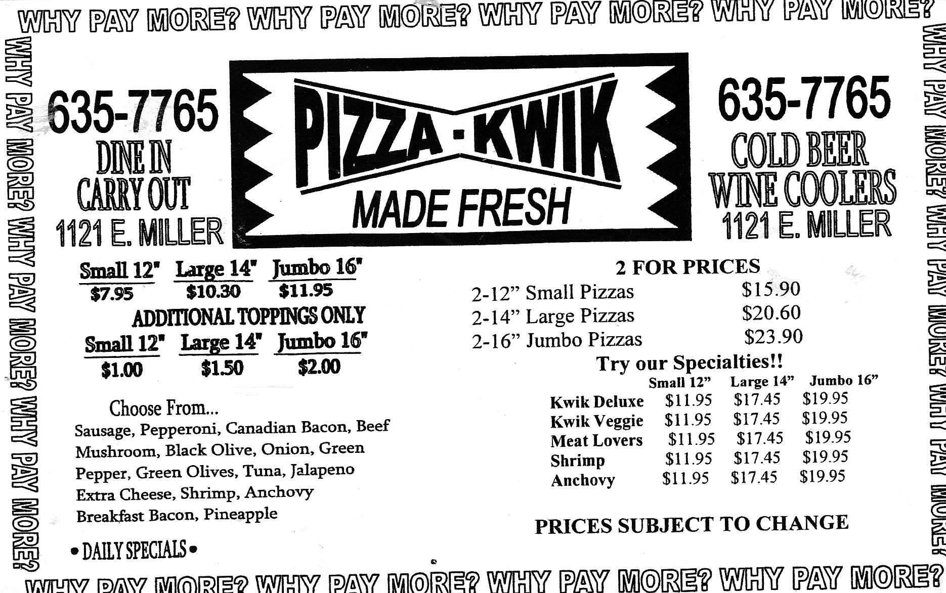 Pizza Kwik Menu, Menu podniku Pizza Kwik, Jefferson City, Columbia