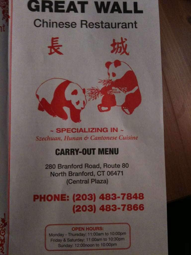 Menu at Great Wall Chinese Restaurant, North Branford
