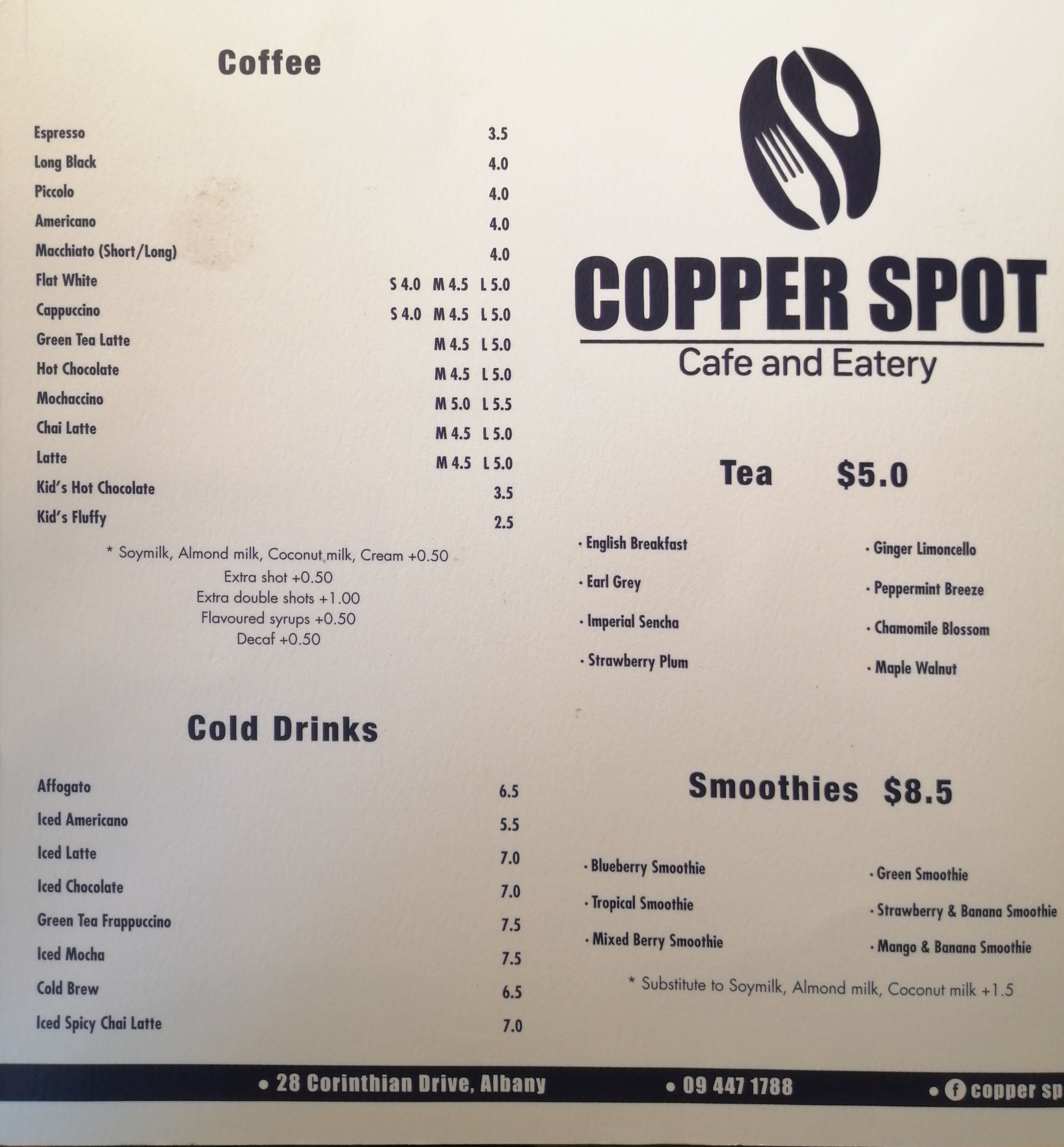 Menu at Copper Spot cafe, Auckland