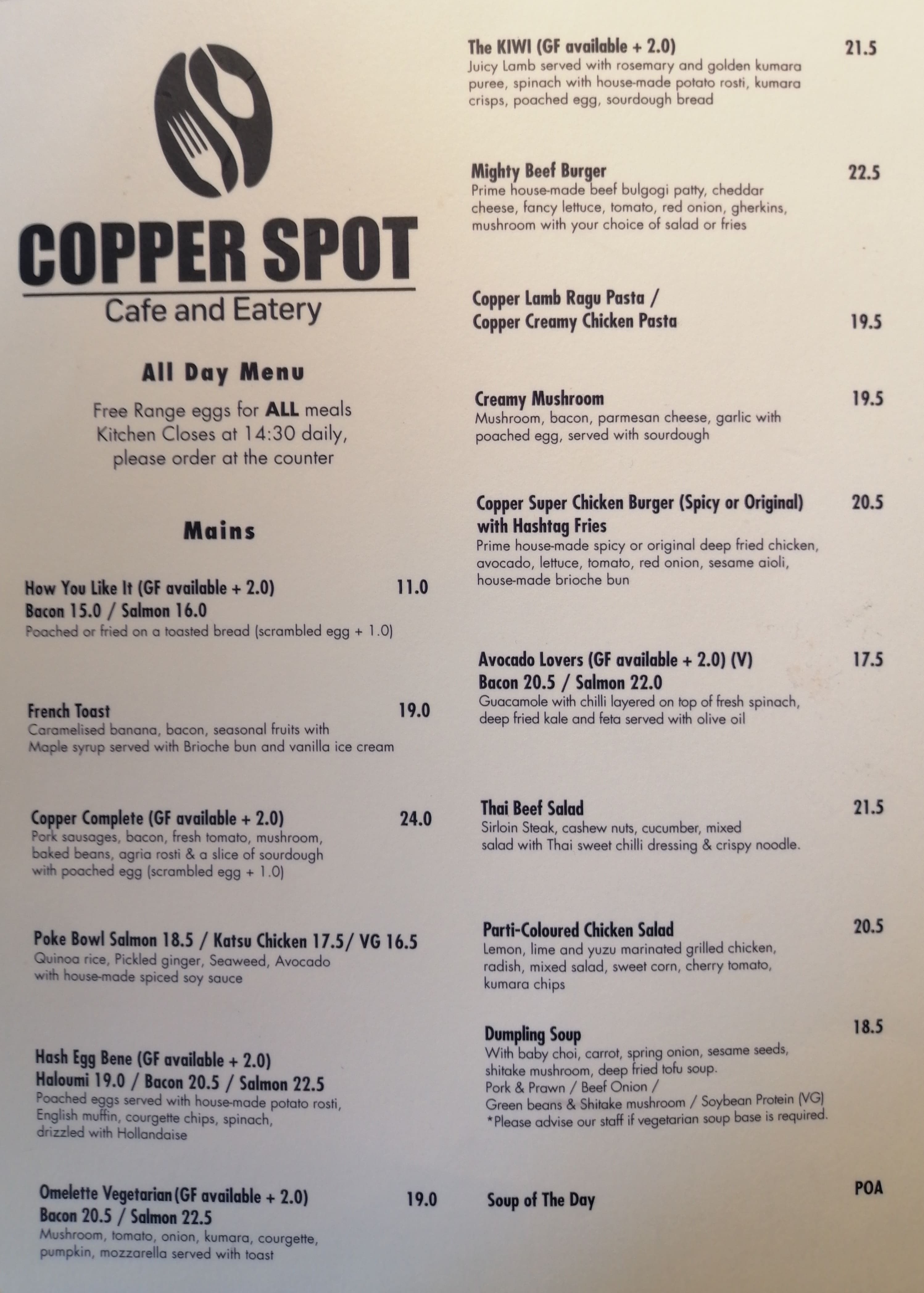 Menu at Copper Spot cafe, Auckland