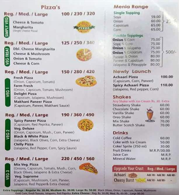 Menu of Pure Veg Pizza, Kharar Road, Mohali