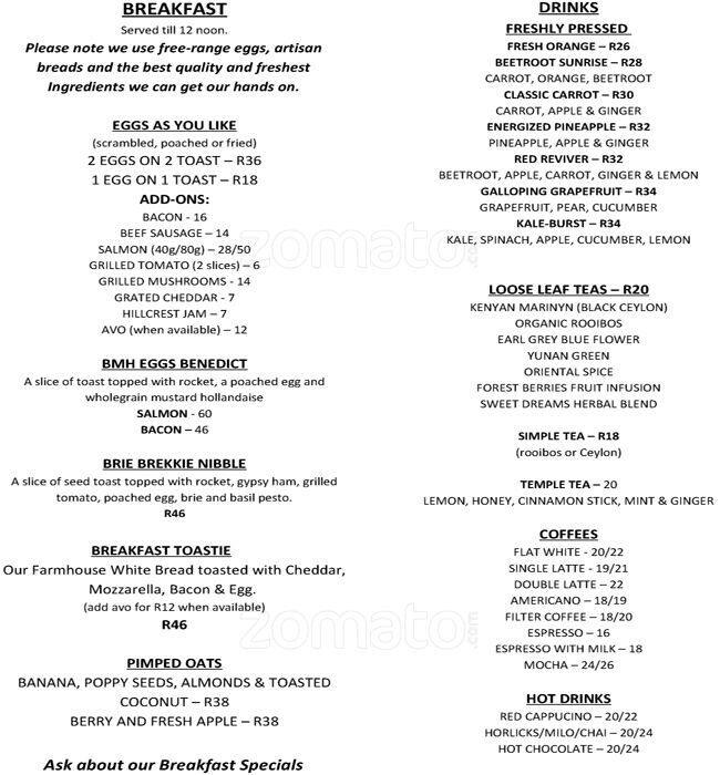 Bread Milk & Honey Menu, Menu for Bread Milk & Honey, CBD, Cape Town