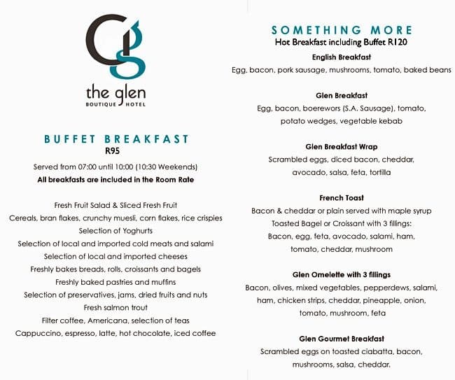 The G Kitchen (at the Glen Boutique Hotel & Spa) menu