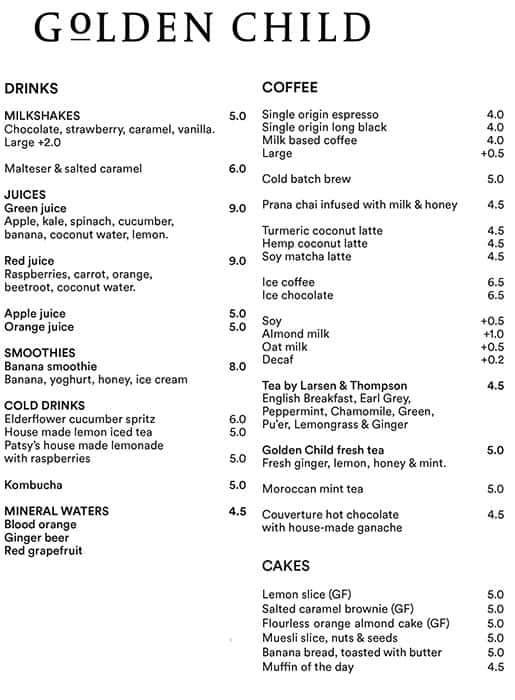 Menu at Golden Child Cafe, Glen Iris