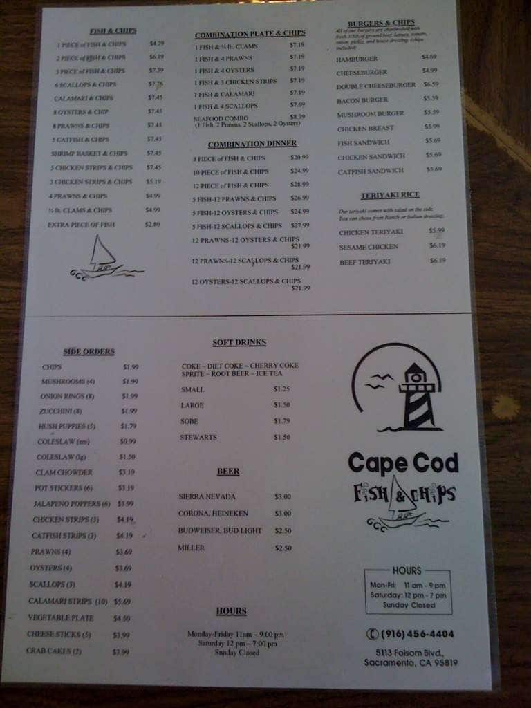 Menu at Cape Cod Fish & Chips restaurant, Sacramento