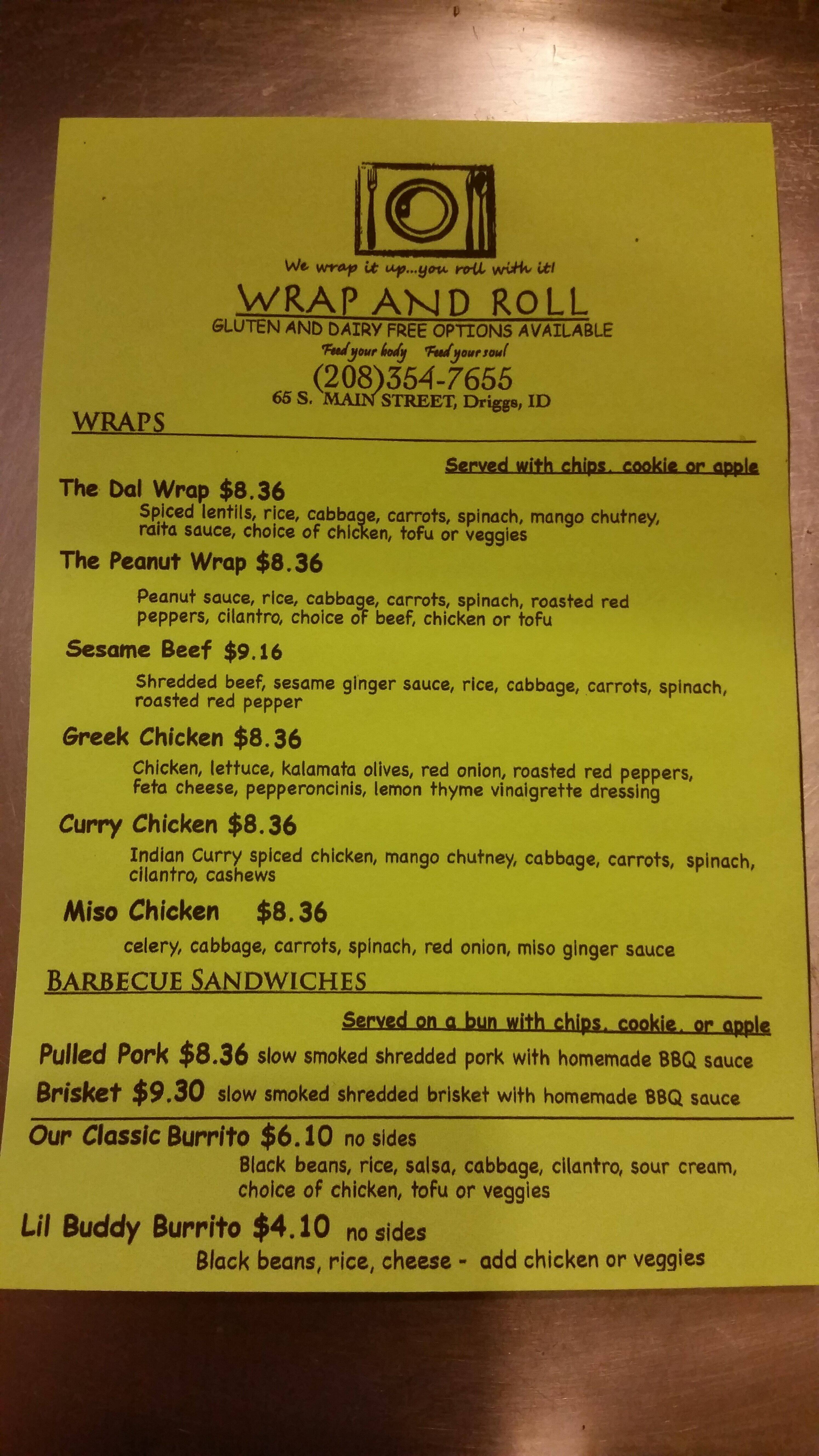 Wrap and Roll Menu, Menu for Wrap and Roll, Driggs, Driggs Urbanspoon