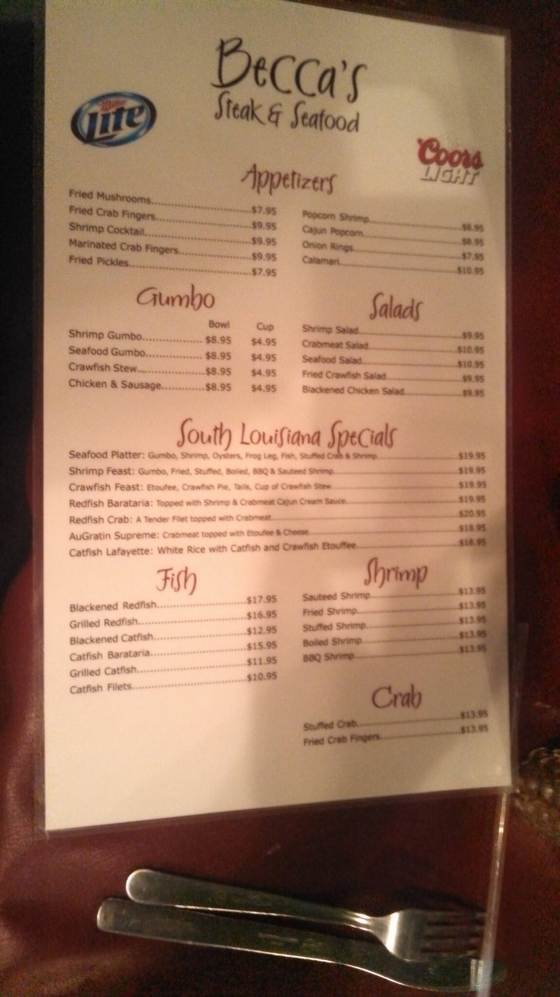 Becca's Steak and Seafood Menu Urbanspoon/Zomato