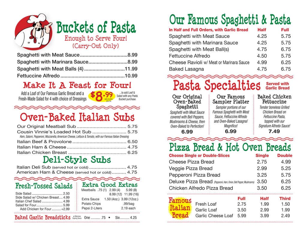 Original Spaghetti Sub House Menu