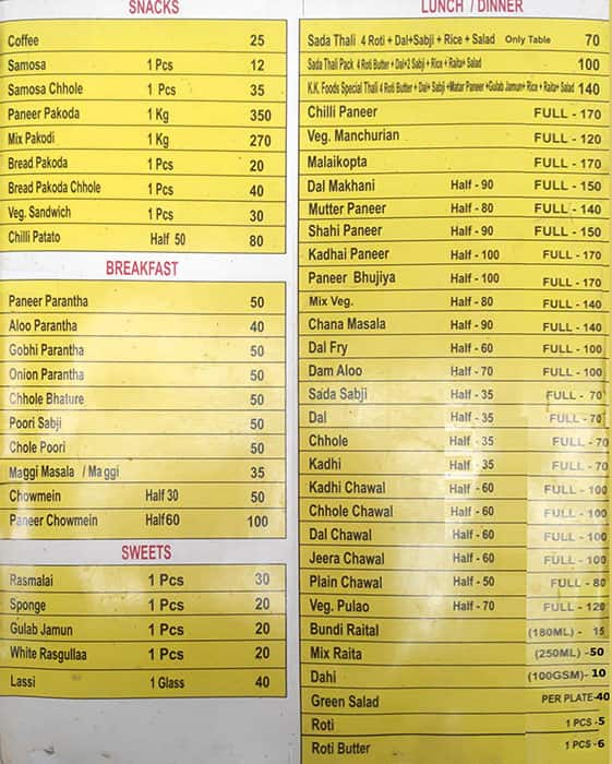 Menu of K K Food, Jaypee Greens, Greater Noida