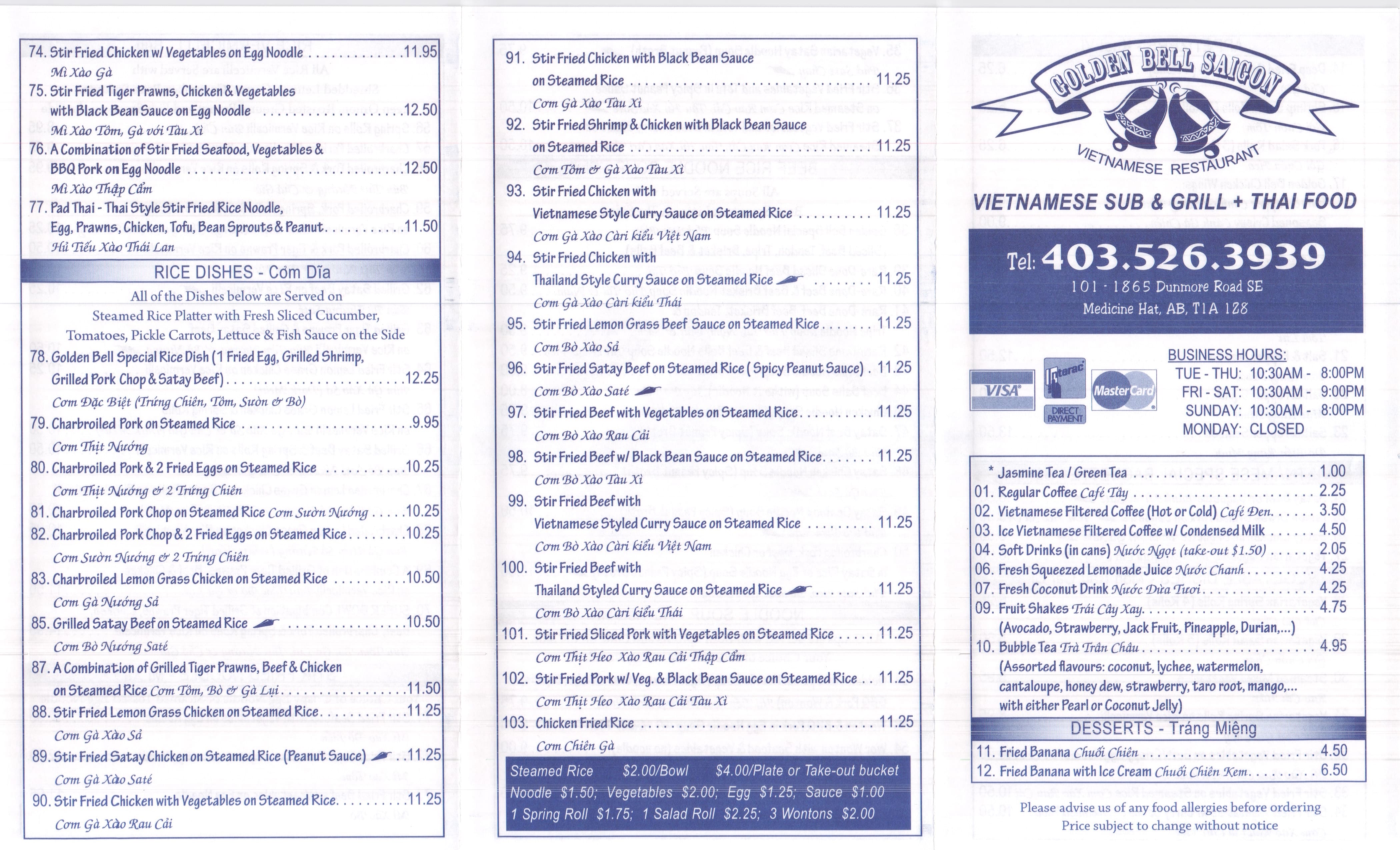 Menu at Golden Bell Sub & Grill Restaurant, Medicine Hat