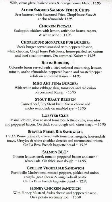 Chophouse menu