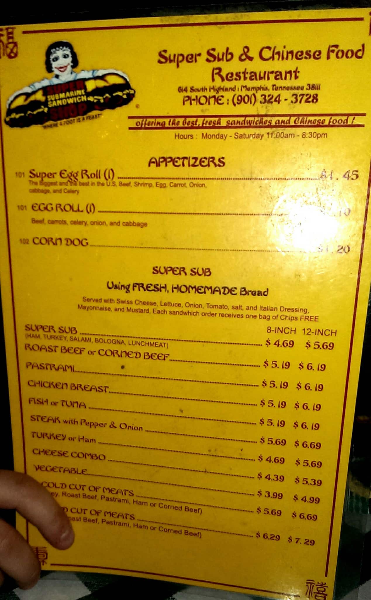 Carta del restaurante Super Submarine Sandwich Shop, Memphis, Summer Ave
