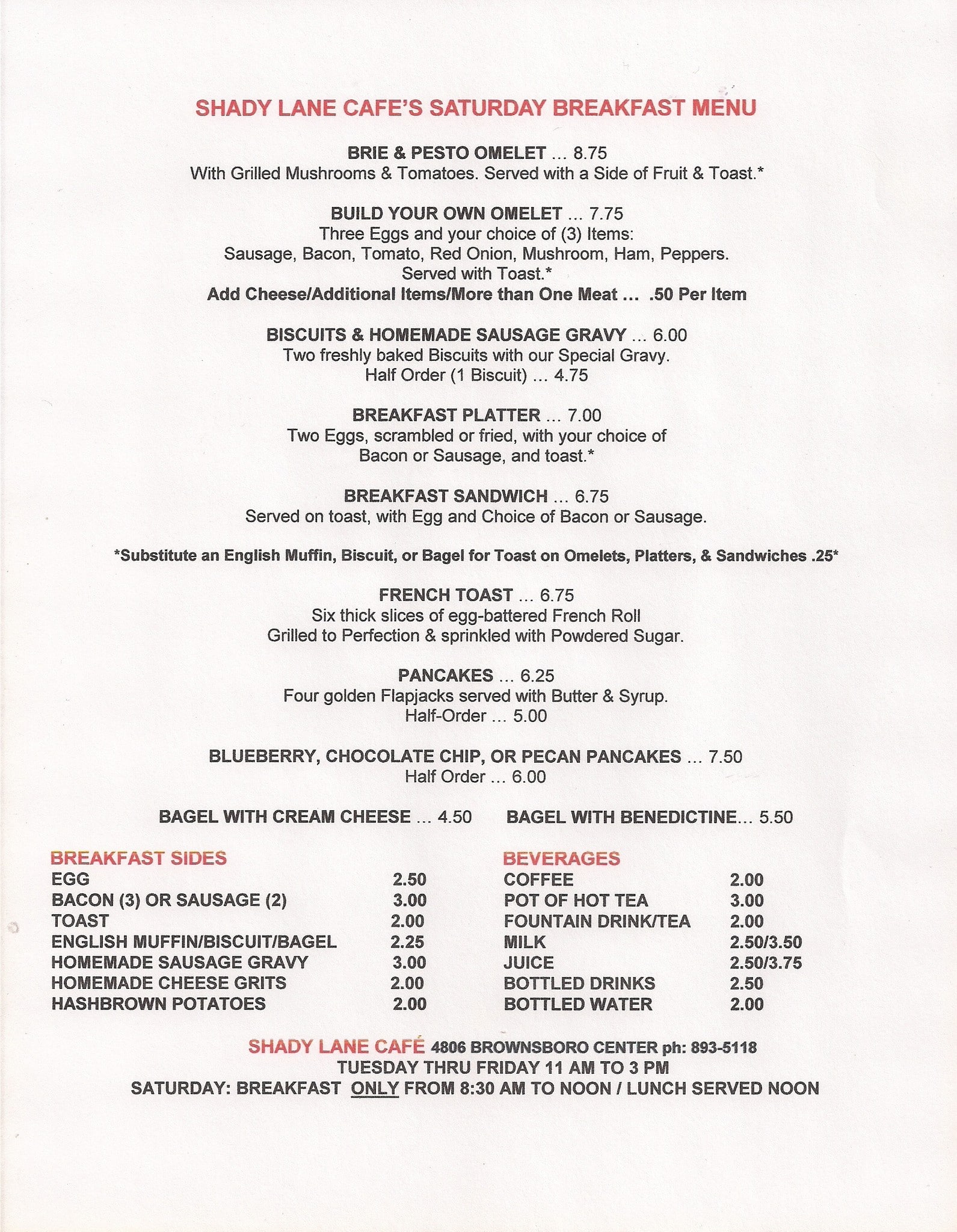 Menu at Shady Lane Cafe, Louisville