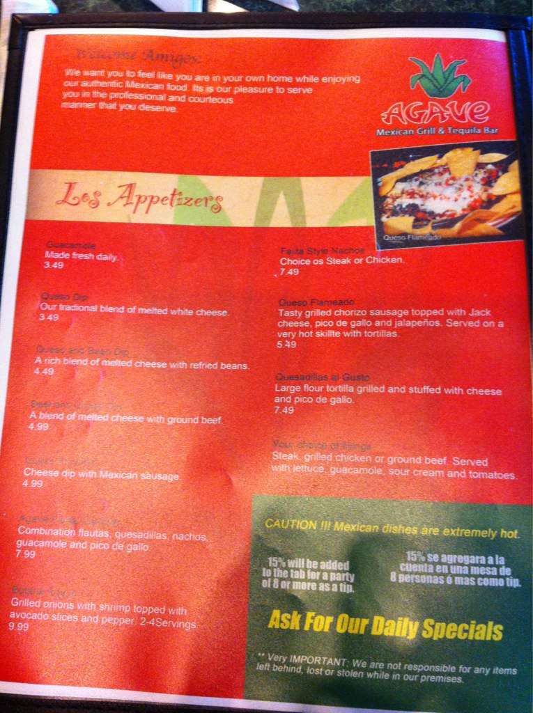 Carta de Agave Mexican Grill