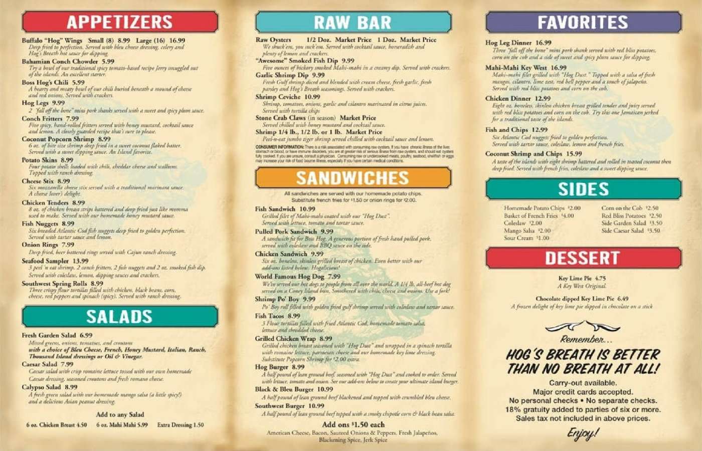 Menu At Hog S Breath Saloon Pub And Bar Key West 400 Front St