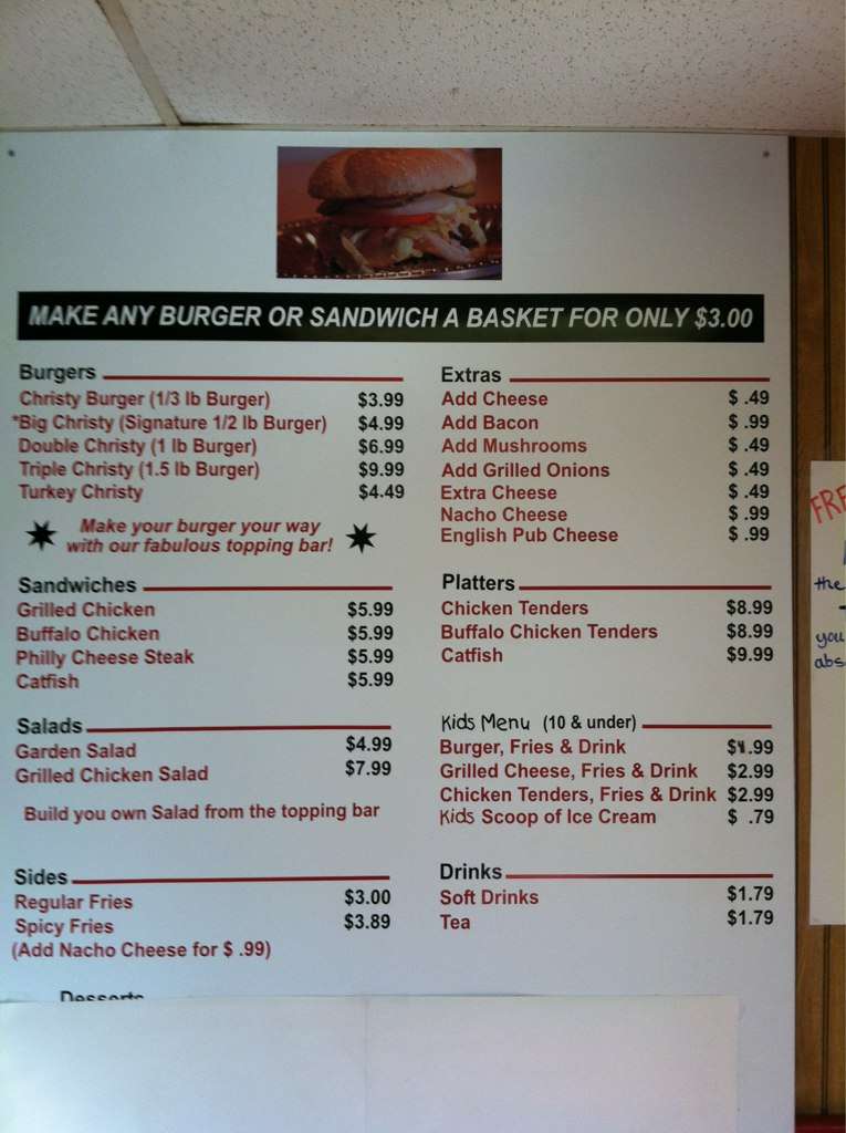 Christy's Hamburgers Menu Urbanspoon/Zomato