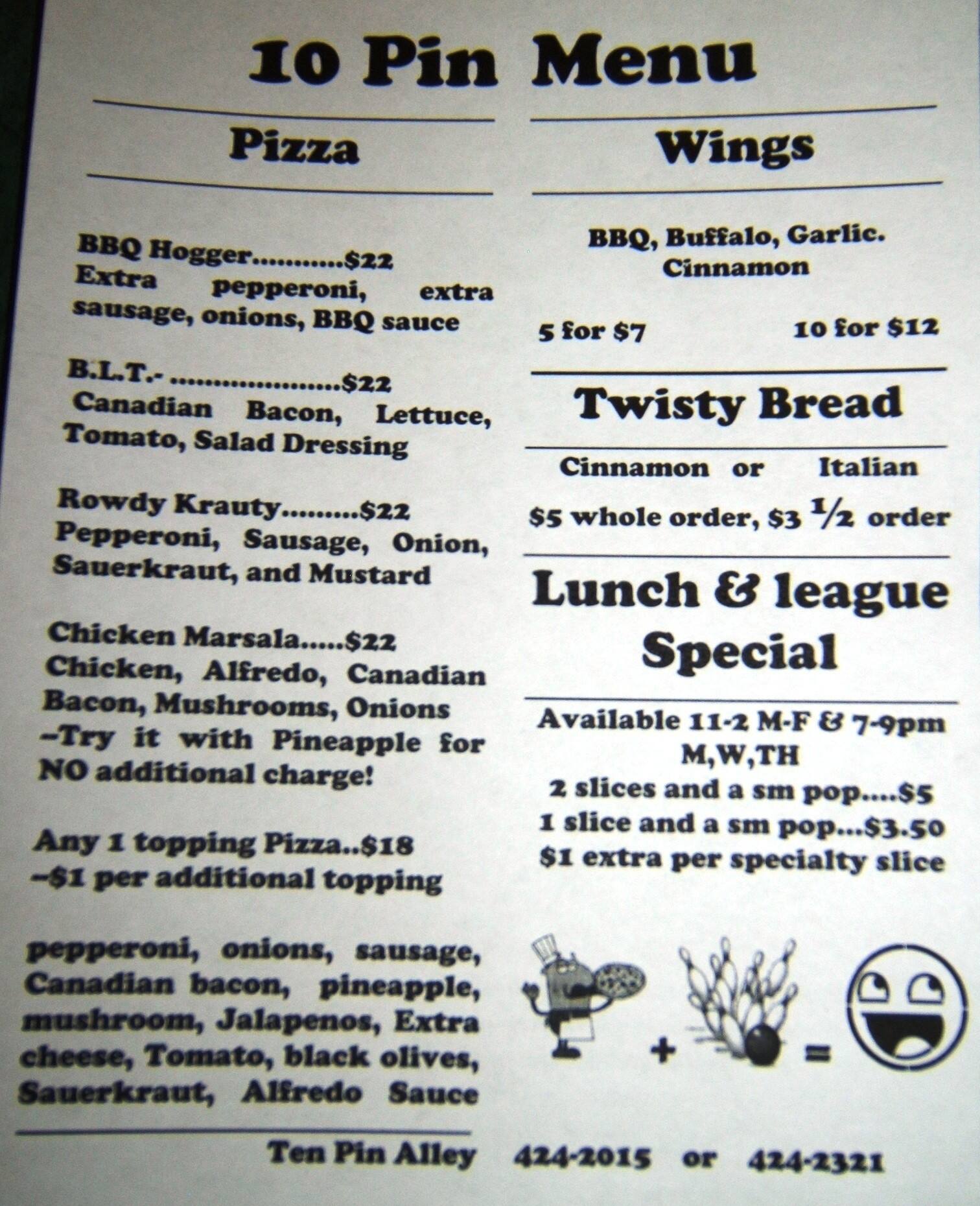 Ten Pin Alley Pizza Menu, Menu for Ten Pin Alley Pizza, Shelby, Shelby