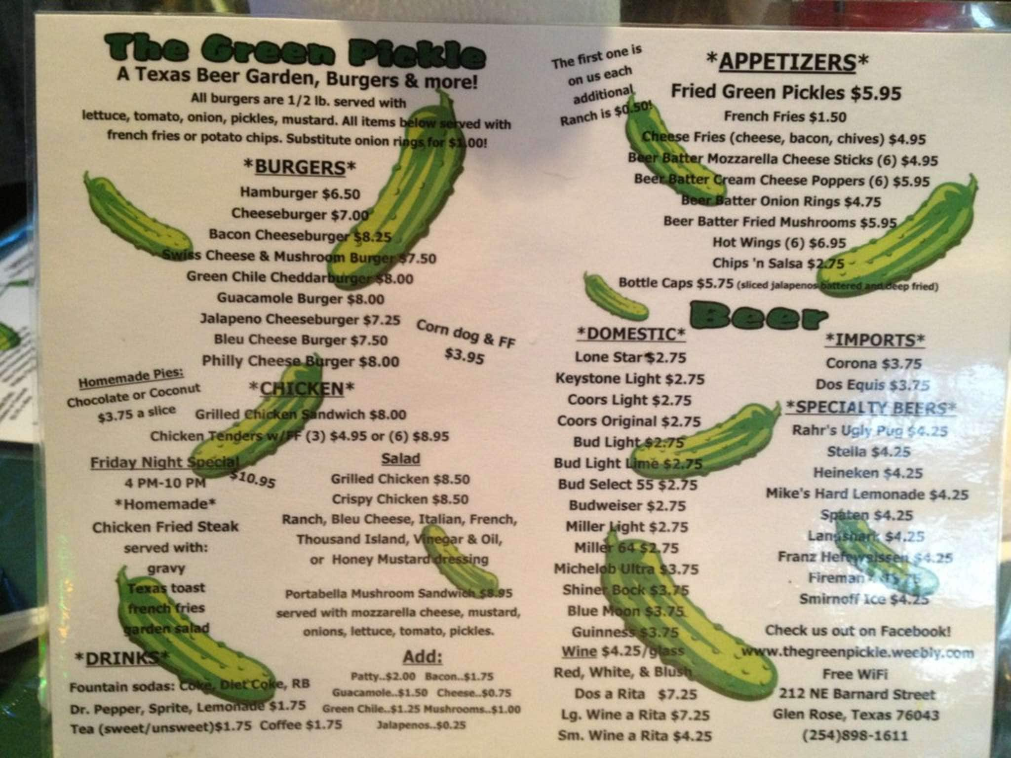 Green Pickle Menu, Menu for Green Pickle, Glen Rose, Glen Rose