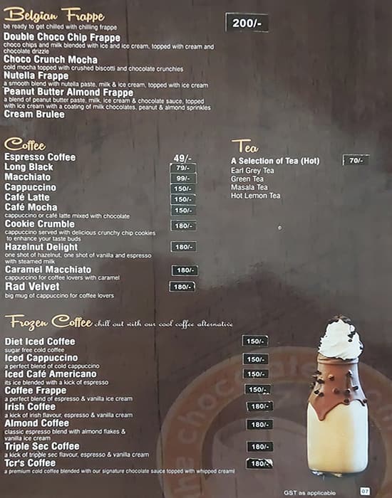 Menu at The Chocolate Room, Udaipur, 100 Feet Road 1 Rasbag