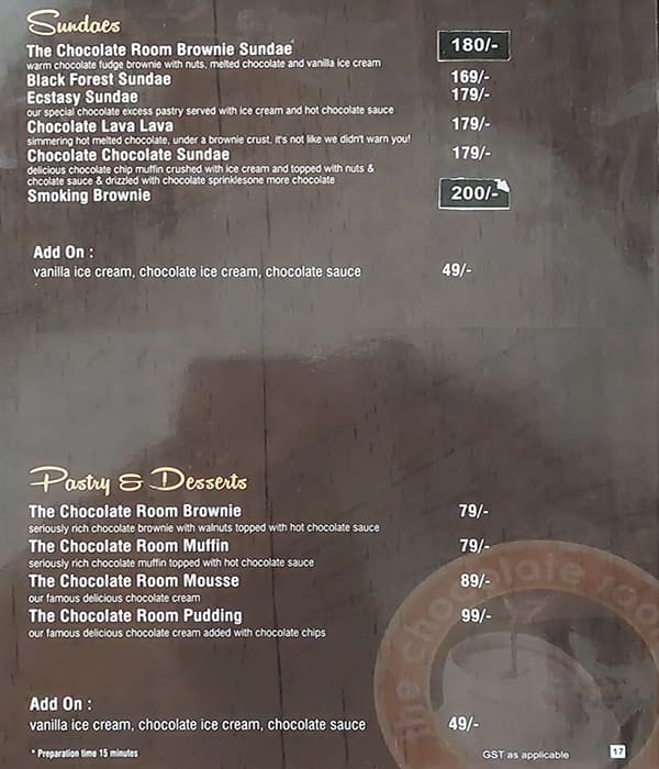 Menu at The Chocolate Room, Udaipur, 100 Feet Road 1 Rasbag