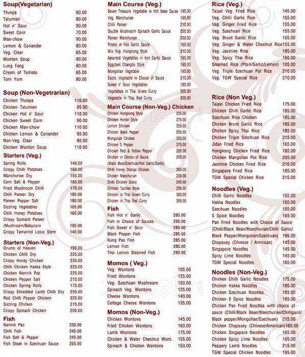 The Great Wall Chinese Restaurant menu