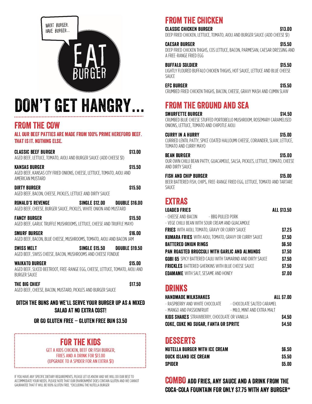 Menu at Eat Burger restaurant, Hamilton