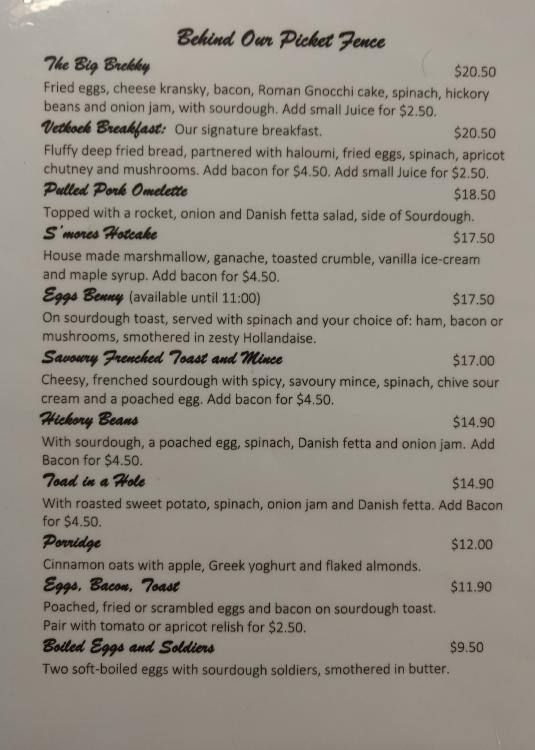 Menu at Behind Our Picket Fence cafe, Ipswich