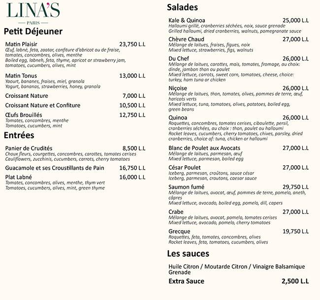 Lina's menu