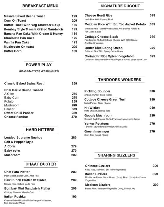The Dugout - Bhawanipur menu