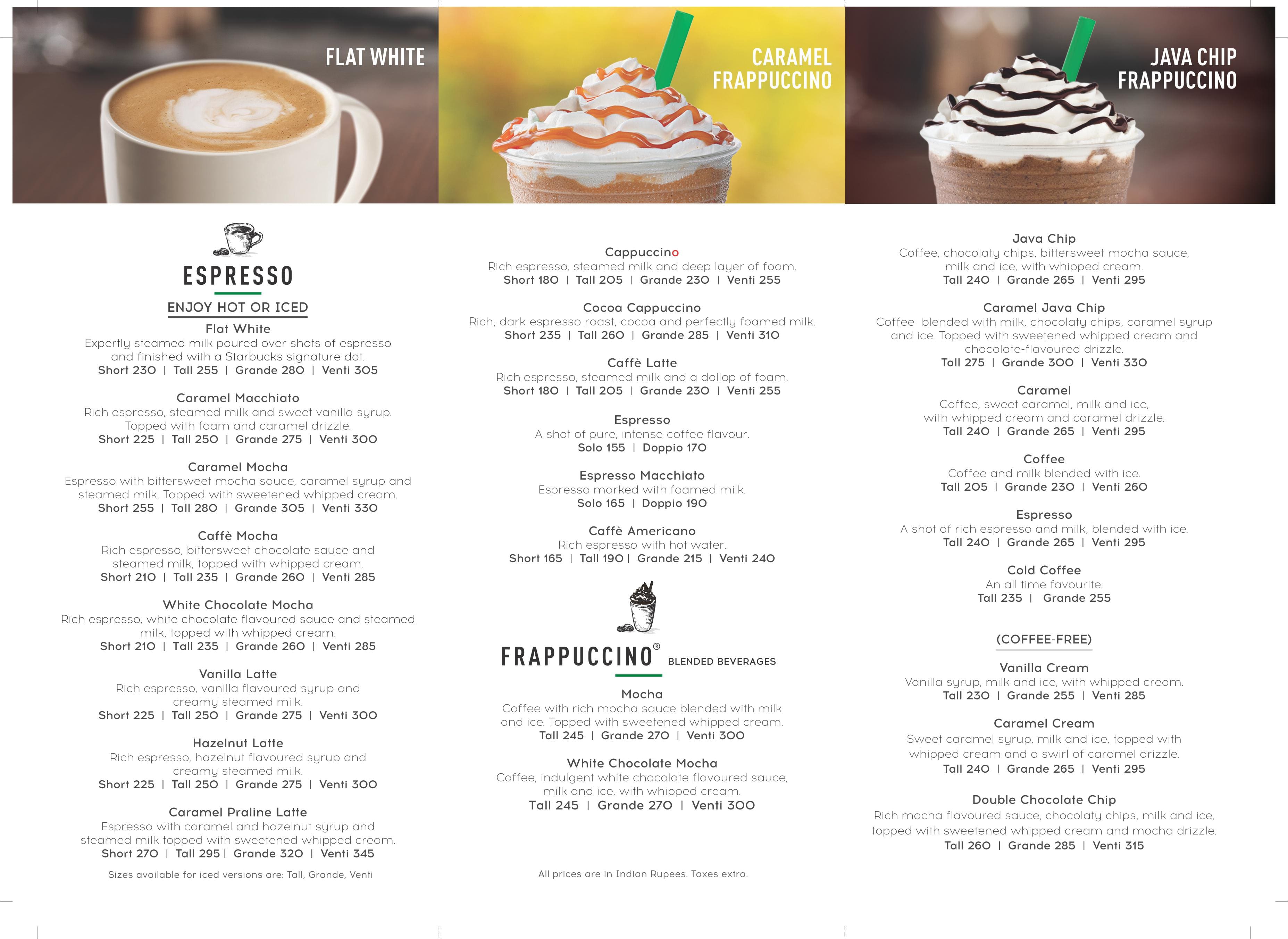 Printable Starbucks Menu