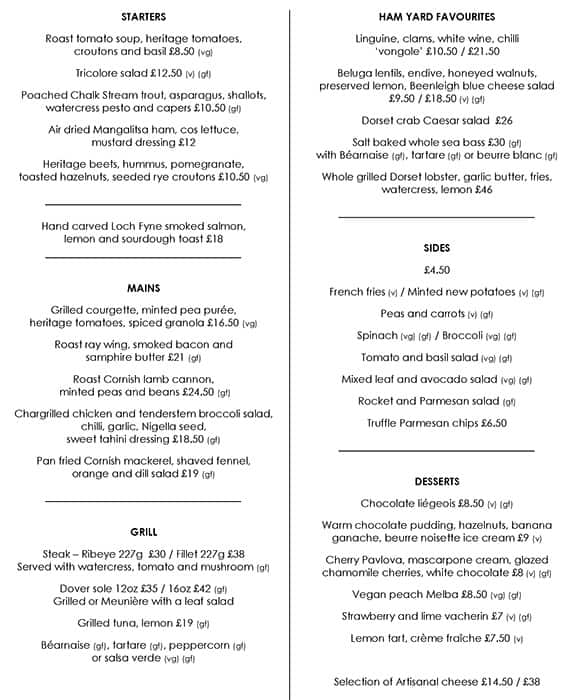 Menu at Ham Yard Restaurant, London